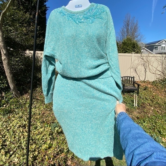 RAOUL Vintage 80s beaded suit in aqua. Beading embellishments sparkle. Snazzy. - Picture 2 of 15